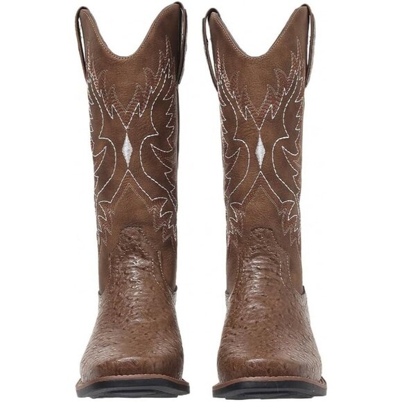 Women's Brown Mid Calf Western Cowgirl Boot Snip Toe Chunky Heel Calf High Boots - Picture 4 of 8